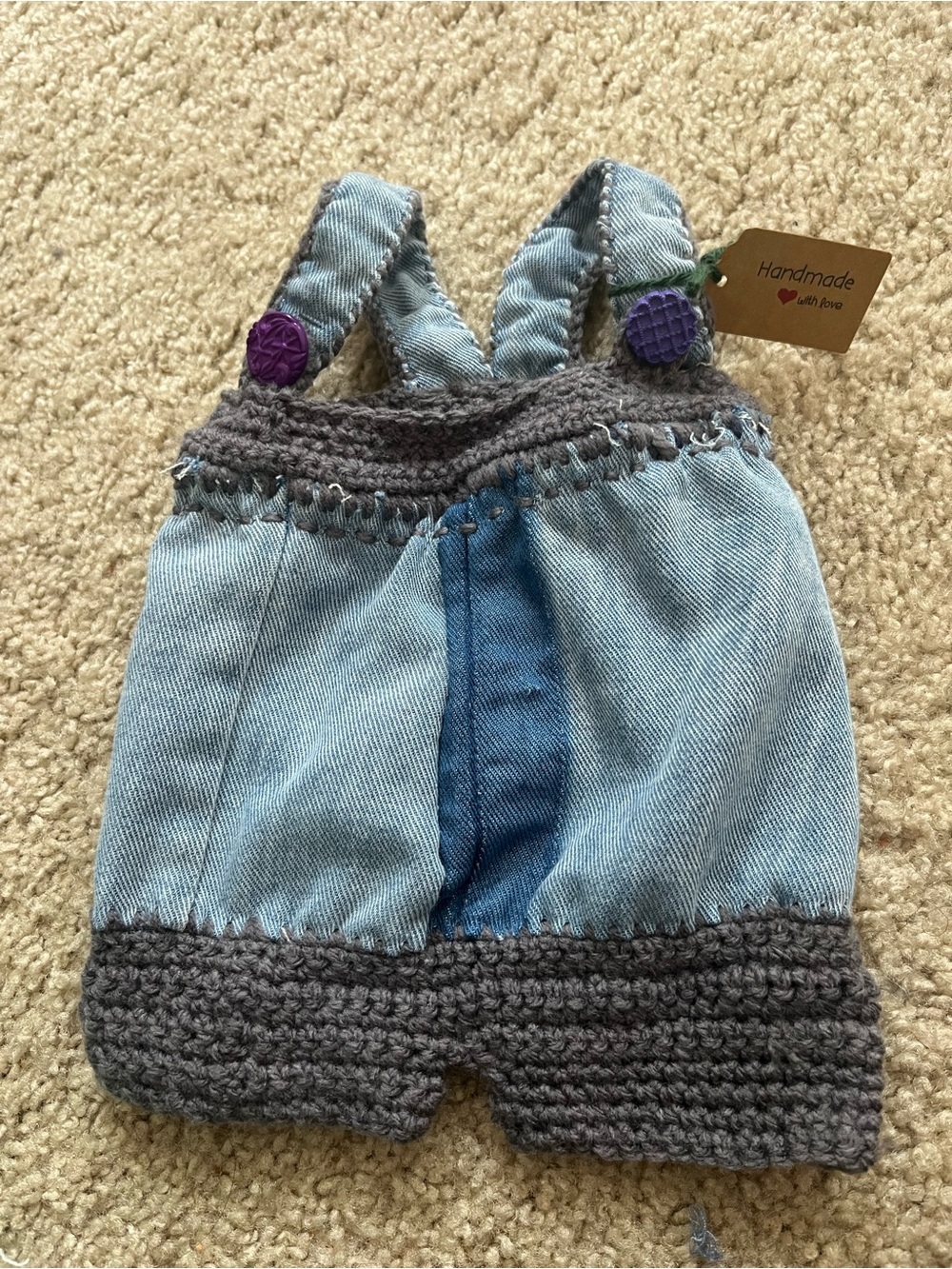 Handmade Denim Crochet Romper Outfit for Doll or Small Dog Blue Gray Purple 10”